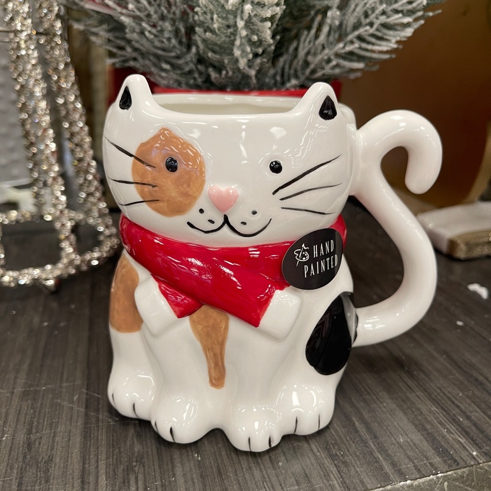 Christmas Cat Calico Cat in Holiday Scarf Figural Ceramic Mug NWT